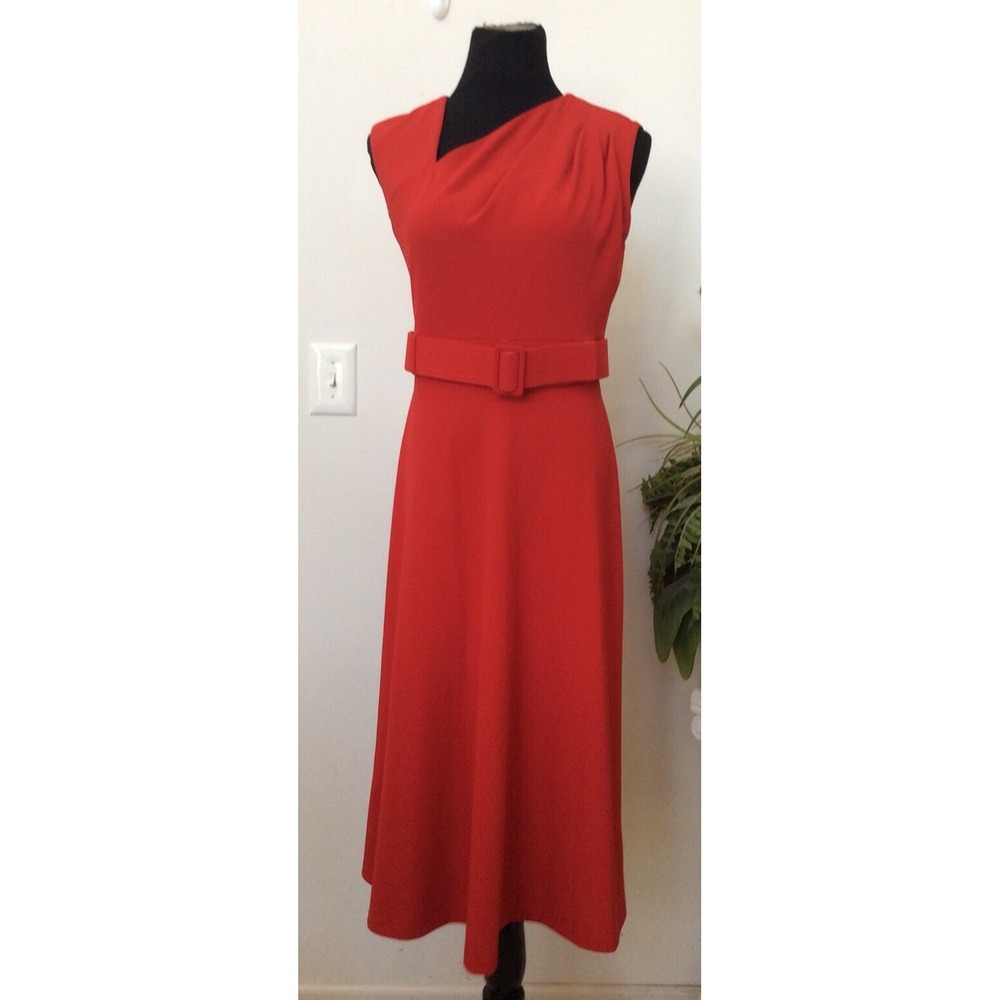 New‎ Calvin Klein Women's Red Asymmetric Neckline Belted Dress Size 6, $134